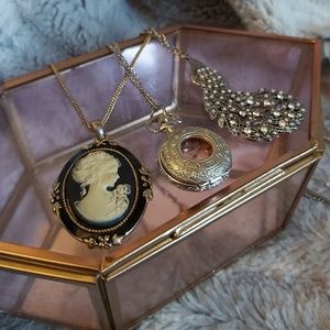Cameo, pocketwatch, peacock necklaces